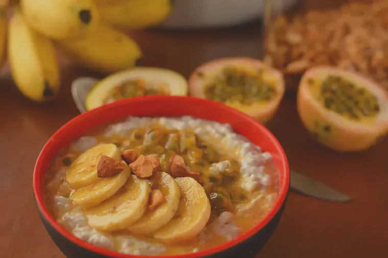 My breakfast this morning: coconut chia pudding with passion fruit and bananas from our orchard