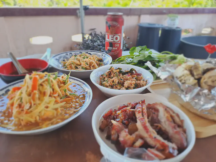 Takeout Isan food---som tam thai, larb, kor moo yang, bamboo shoot salad, gai yang.