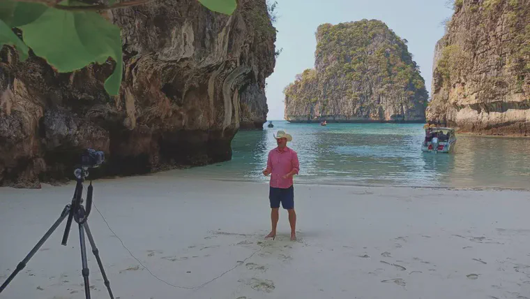 On location at Ko Phi Phi Le during the filming of the Trilogy episodes.